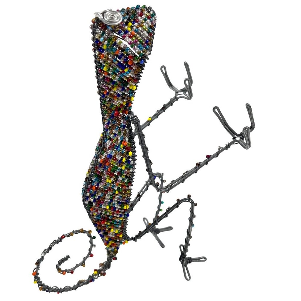 South Africa Handmade Glass Bead Wire Chameleon Lizard Card Pen Holder Vintage - Picture 3 of 10